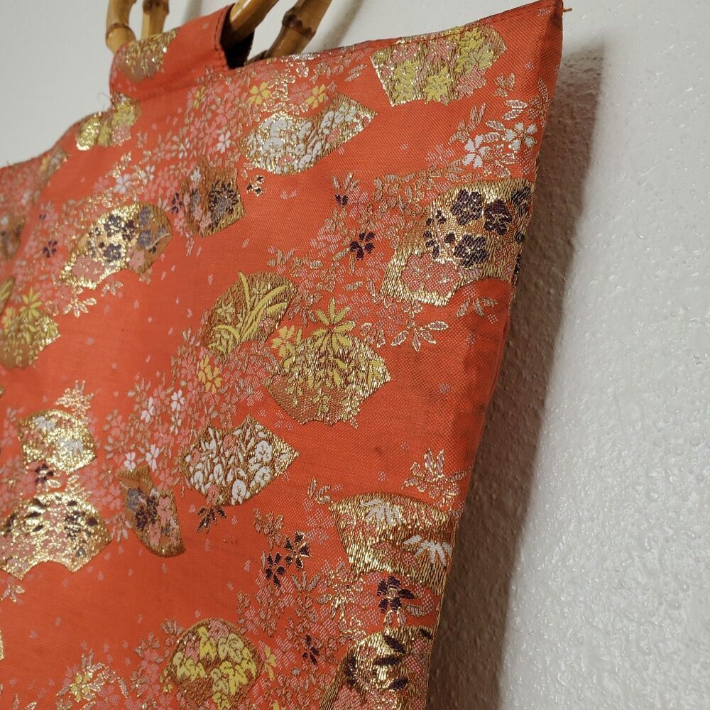 Vintage Orange Brocade Bamboo Handle Bag Gold Metallic Fan Floral Tote Handbag - Picture 4 of 16